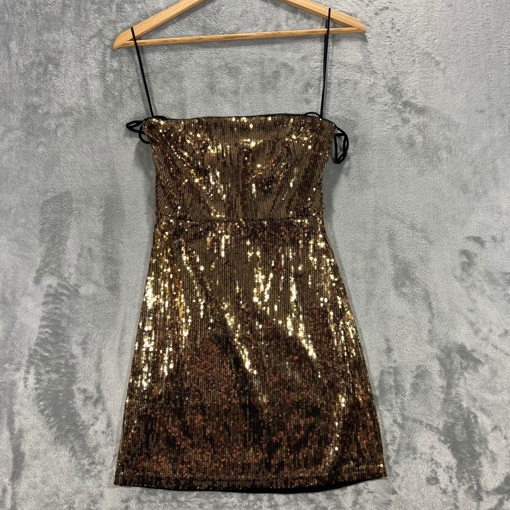 URBAN OUTFITTERS Sequin Mini Dress Womens XS Gold Bronze Strapless